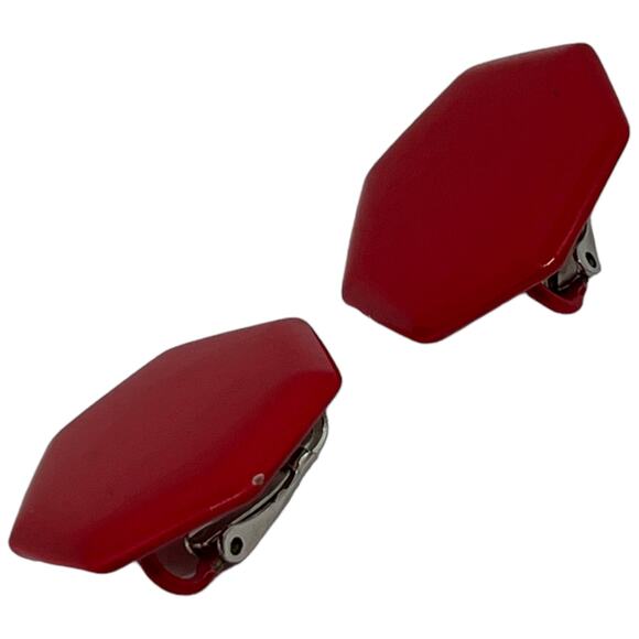 Vintage Red Hexagon Metal Clip-On Stud Button Earrings - Retro 80s - Picture 9 of 10